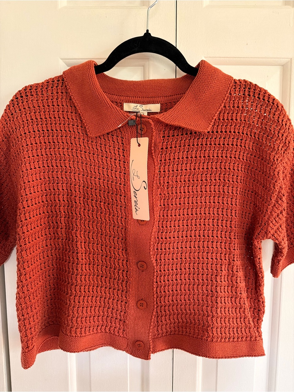 Le Sarin Burnt Orange Short-Sleeve Button Crochet Cardigan